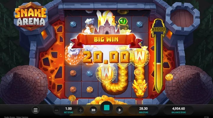 Comodín de serpiente y gran ganancia durante los giros gratis de la slot online Snake Arena de Relax